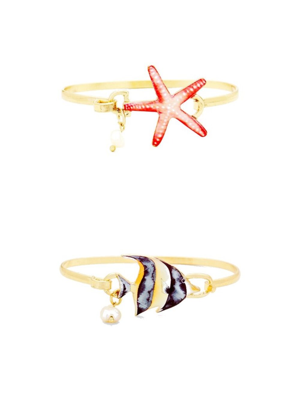 2 Enamel Beach Charm Bangle Bracelets - Red Starfish + Angelfish, Gold Pearl